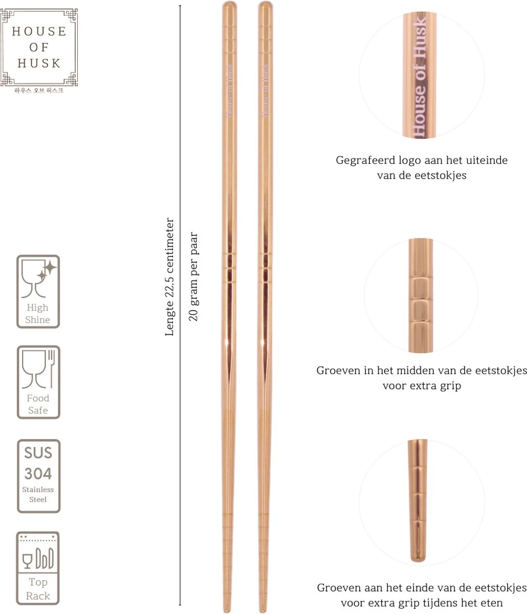 House Of Husk Chopsticks Set - Koreaanse Eetstokjes - Vaatwasserbestendig - RVS - 5 Paar - Rose Goud 4 House Of Husk Chopsticks Set - Koreaanse Eetstokjes - Vaatwasserbestendig - RVS - 5 Paar - Rose Goud - Afbeelding 2
