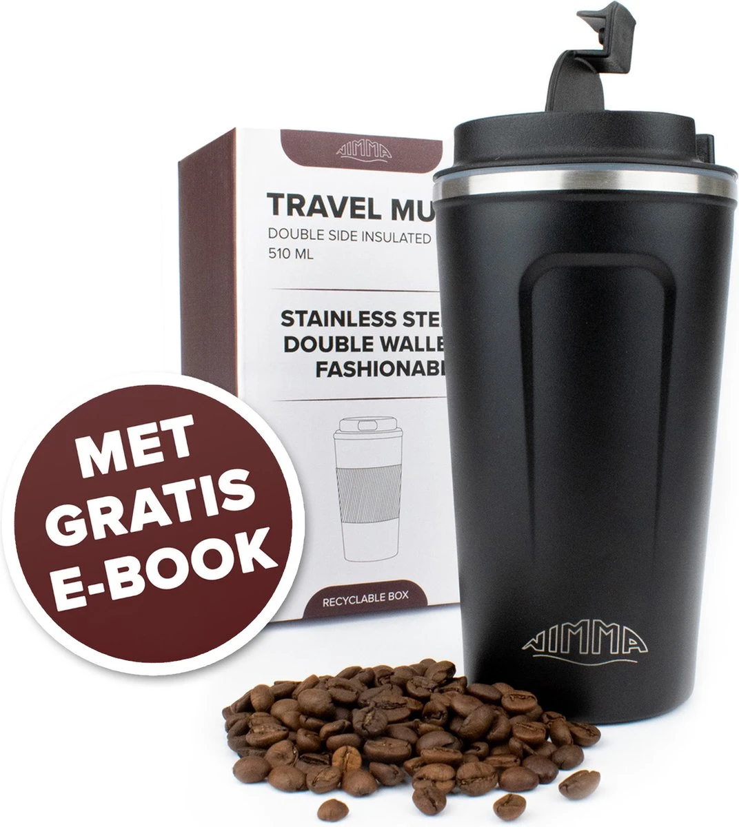 Nimma® Thermosbeker - 510 Ml - Koffiemok / Koffiebeker To Go - Travel Mug - Voor In De Auto - Rvs - Incl. E-Kookboek - Zwart 3 Nimma® Thermosbeker - 510 Ml - Koffiemok / Koffiebeker To Go - Travel Mug - Voor In De Auto - Rvs - Incl. E-Kookboek - Zwart