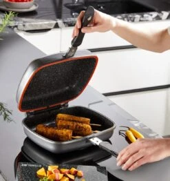Herenthal Dubbele Grillpan - Ø 28 Cm - Koekenpan - Keramische Pan - Marmeren Coating Met Antiaanbaklaag - PFAS & PFOA Vrij - Pan - Grill - Vermindert Geur, Rook En Oliespatten - Zilver -Keukenbenodigdheden 1132x1200 2