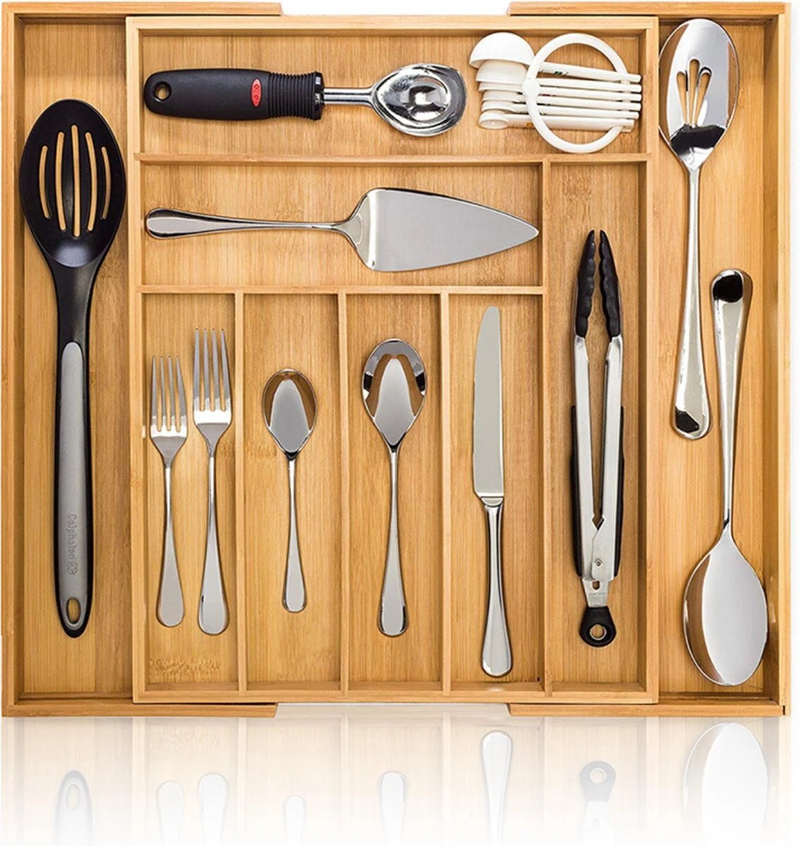 ACAZA Uitschuifbare Bestekbak In Bamboe Hout, Besteklade Met 7 Tot 9 Vakken, Ladeverdeler, Opbergbak, Bestekcassette, Verstelbaar 3 ACAZA Uitschuifbare Bestekbak In Bamboe Hout, Besteklade Met 7 Tot 9 Vakken, Ladeverdeler, Opbergbak, Bestekcassette, Verstelbaar