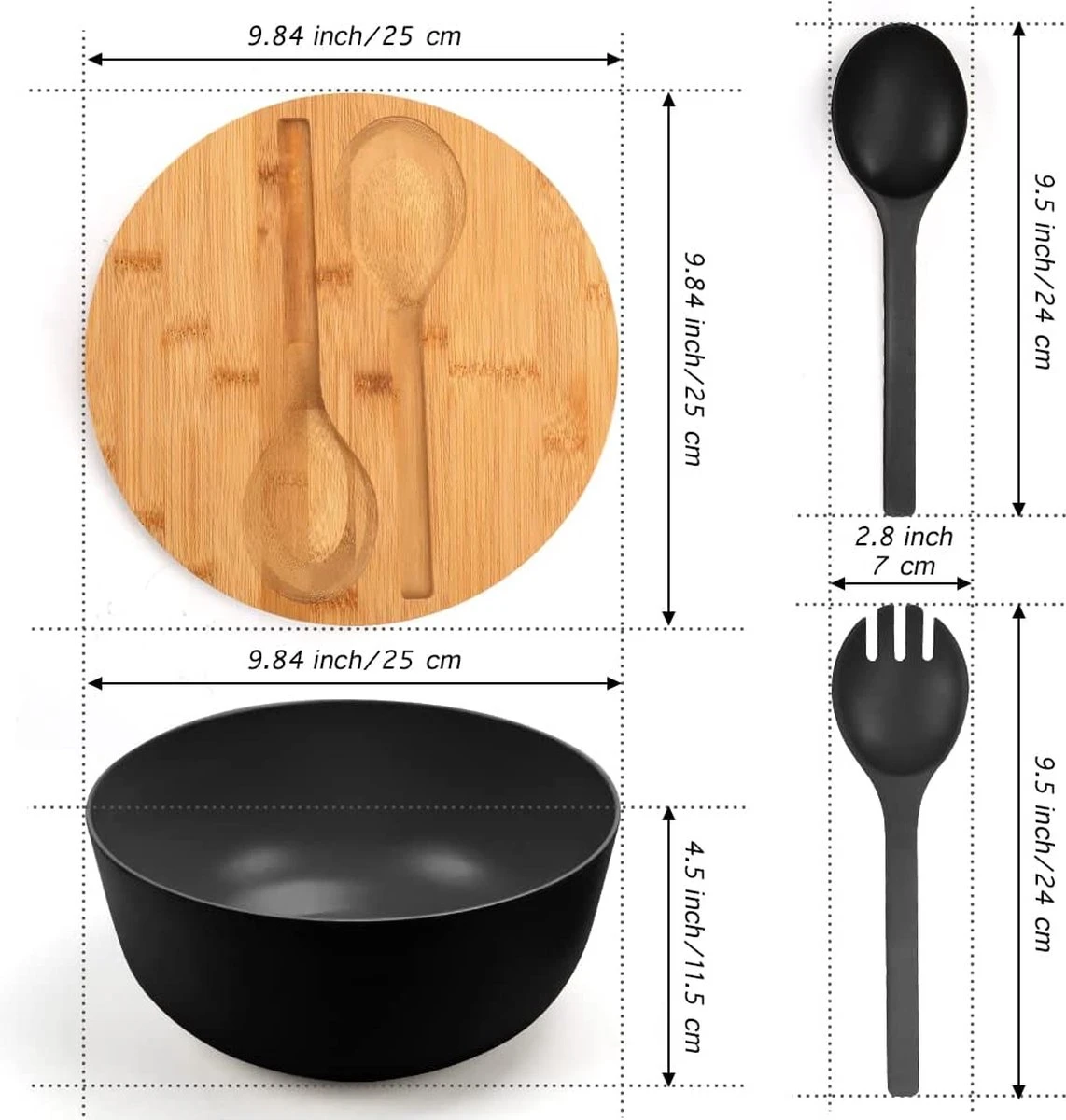 Smart Kitchen Grote Slakom Set Met Bamboe Deksel – Saladeschaal 25cm – Serveerschaal – Fruitschaal – Mengkom – Zwart 7 Smart Kitchen Grote Slakom Set Met Bamboe Deksel – Saladeschaal 25cm – Serveerschaal – Fruitschaal – Mengkom – Zwart - Afbeelding 5