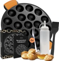 Keukenbenodigdheden 38 Ocina Poffertjespan – Combo Pack – 19 Poffertjes – Poffertjesmaker – Poffertjespan Inductie – Poffertjespan Electrisch – Gietijzeren Pan - Inclusief Doseerfles, Handvaten, 6x Poffertjesvorken En Invetkwast – Gratis Receptenboek