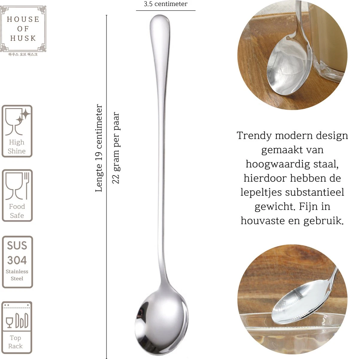 House Of Husk Latte Macchiato Lepels Set - Lange Theelepels - Koffielepels - Longdrinklepels - Sorbetlepels - Barlepel - RVS - 6 Stuks - 19CM - Zilver 4 House Of Husk Latte Macchiato Lepels Set - Lange Theelepels - Koffielepels - Longdrinklepels - Sorbetlepels - Barlepel - RVS - 6 Stuks - 19CM - Zilver - Afbeelding 2