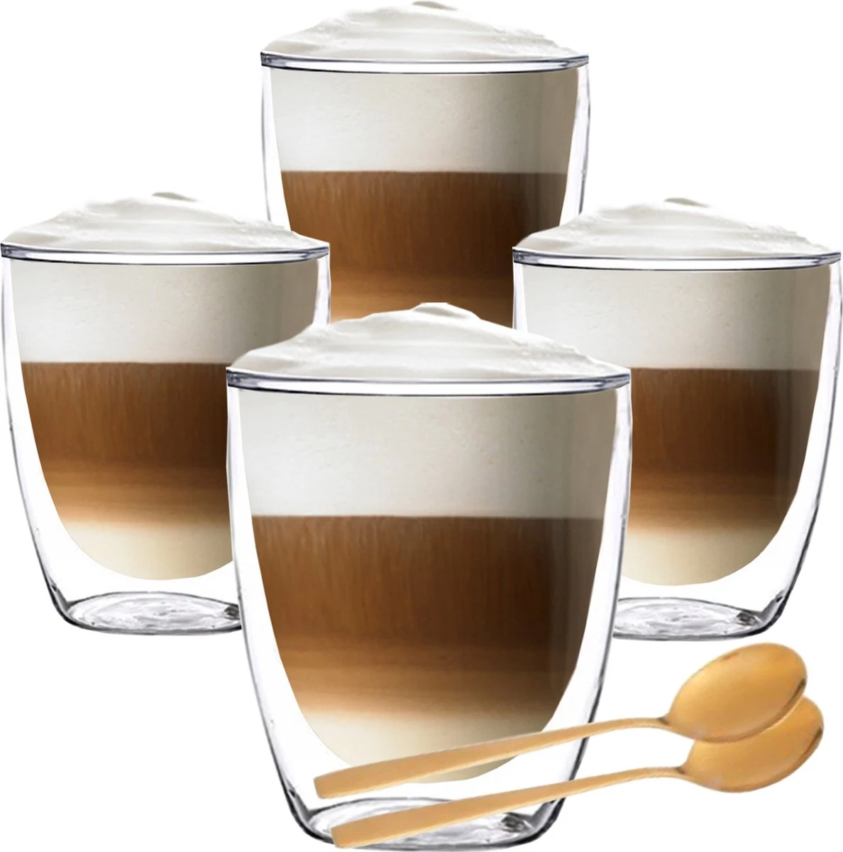 Dubbelwandige Koffieglazen - Cappuccino Glazen - Dubbelwandige Theeglazen - 300ML - 4x - Gratis Lepels 3 Dubbelwandige Koffieglazen - Cappuccino Glazen - Dubbelwandige Theeglazen - 300ML - 4x - Gratis Lepels