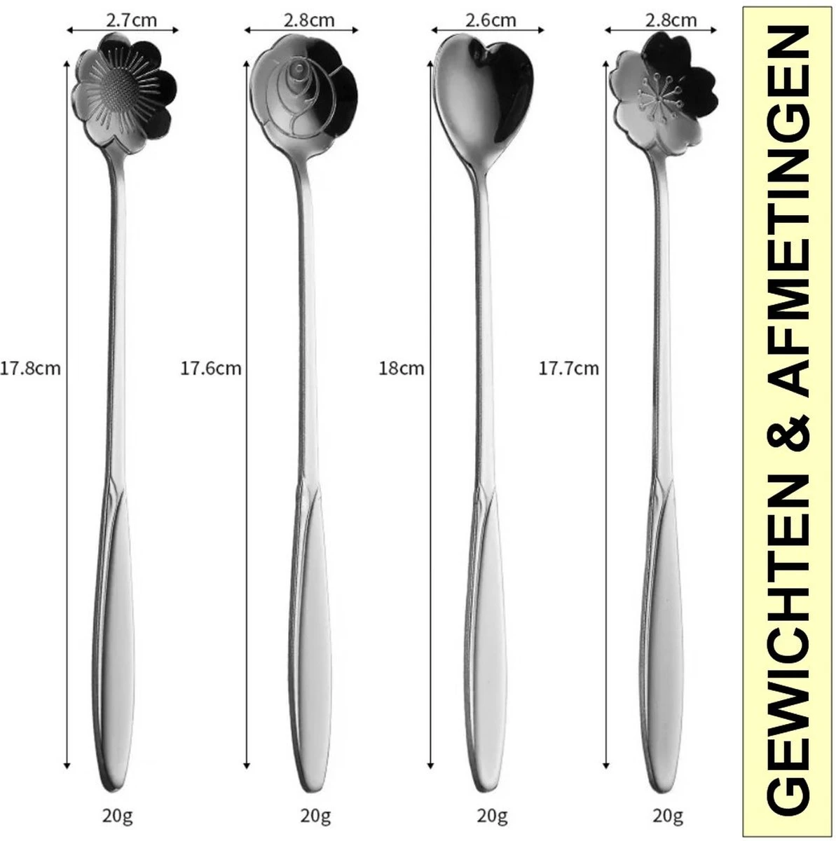 Fako Bijoux® - 4 Lange Lepels Bloem Motief - Latte Macchiato - Longdrink - Cocktail - Dessert - IJs - Koffie - Zilver - 4 Stuks - Bewaarzakje 4 Fako Bijoux® - 4 Lange Lepels Bloem Motief - Latte Macchiato - Longdrink - Cocktail - Dessert - IJs - Koffie - Zilver - 4 Stuks - Bewaarzakje - Afbeelding 2