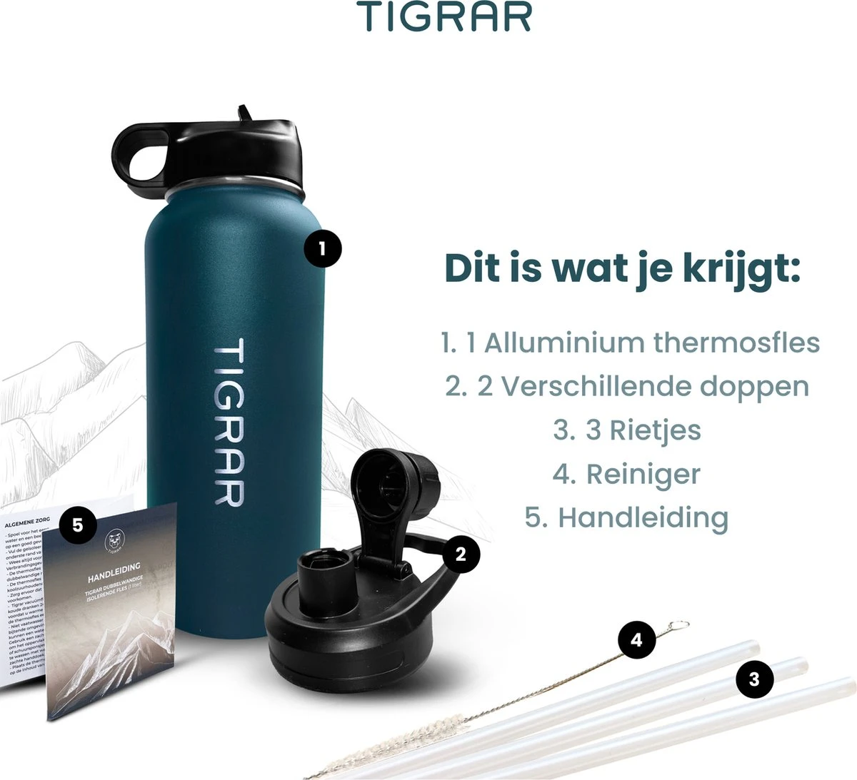 Tigrar - Waterfles - Drinkfles - Thermosfles 1 Liter Dubbelwandig - RVS - (Staal) Blauw - Incl. Extra Dop 3 Rietjes En Reiniger 4 Tigrar - Waterfles - Drinkfles - Thermosfles 1 Liter Dubbelwandig - RVS - (Staal) Blauw - Incl. Extra Dop 3 Rietjes En Reiniger - Afbeelding 2