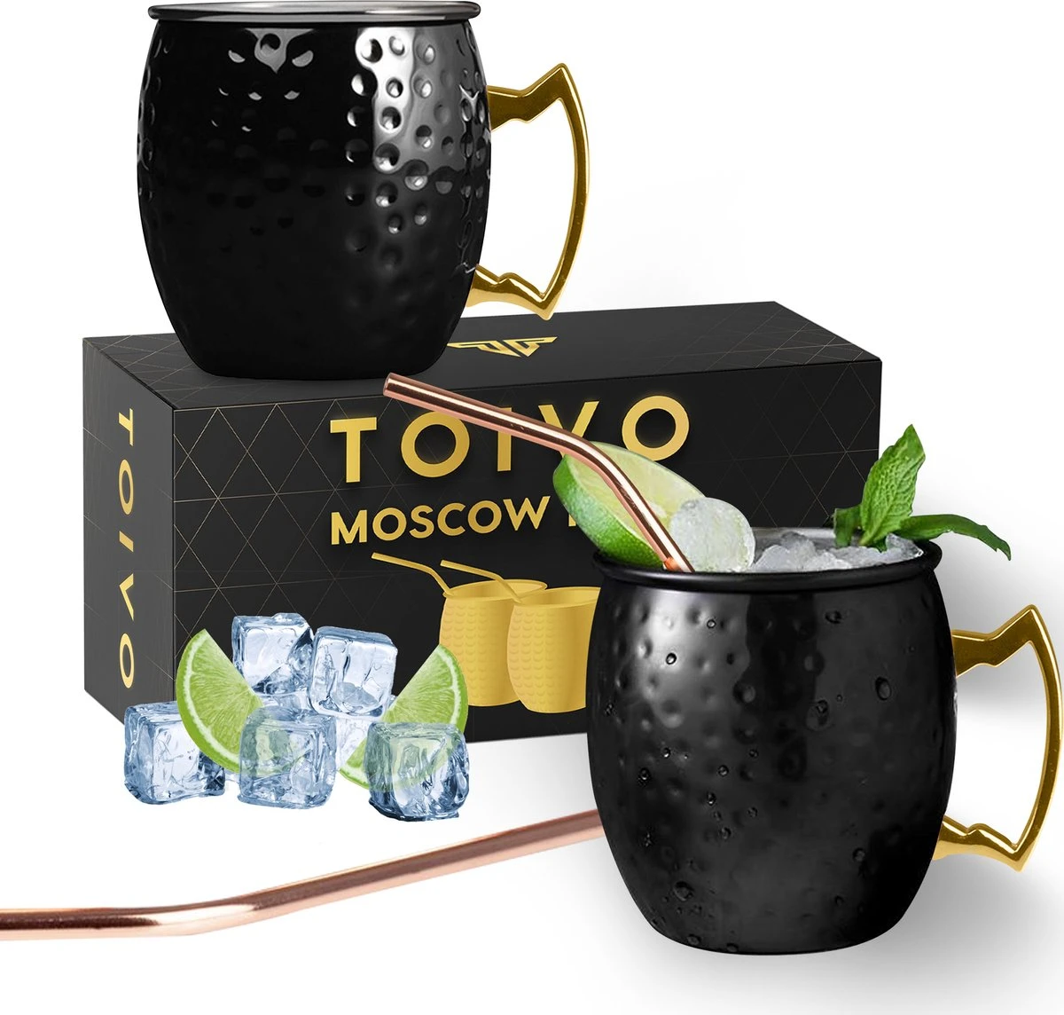 Toivo Moscow Mule Bekers Deluxe 2 Stuks - Zwart - Inclusief RVS Rietjes - 500 Ml - Cocktailglas - Bekers 3 Toivo Moscow Mule Bekers Deluxe 2 Stuks - Zwart - Inclusief RVS Rietjes - 500 Ml - Cocktailglas - Bekers