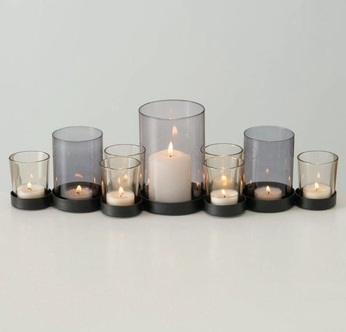 Theelichthouder Zwart Metaal / Glas. Set Van 9 4 Theelichthouder Zwart Metaal / Glas. Set Van 9 - Afbeelding 2