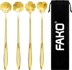 Fako Bijoux® - 4 Lange Lepels Bloem Motief - Latte Macchiato - Longdrink - Cocktail - Dessert - IJs - Koffie - Goud - 4 Stuks - Bewaarzakje