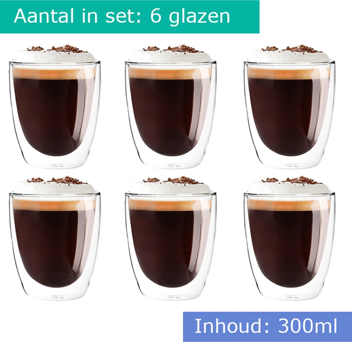 Luxe Dubbelwandige Koffieglazen - Latte Macchiato Glazen - Cappuccino Glazen - 300 ML - Set Van 6 4 Luxe Dubbelwandige Koffieglazen - Latte Macchiato Glazen - Cappuccino Glazen - 300 ML - Set Van 6 - Afbeelding 2