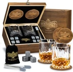 Whisiskey Luxe Whiskey Set - Incl. 2 Whiskey Glazen, 8 Whiskey Stones, 2 Onderzetters, Fluwelen Opbergzak, Opbergbox - Whisky Geschenkdoos - Glas - Herbruikbare IJsblokjes - Cadeau Voor Man & Vrouw
