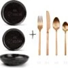 GLAMOMAX'S Choice - Serviesset Black Mielo - Inclusief Koperkleurig Bestekset - 4 Persoons - Aardewerk - Zwarte Borden - Dinerborden - Bordenset -Keukenbenodigdheden 1200x1175 4