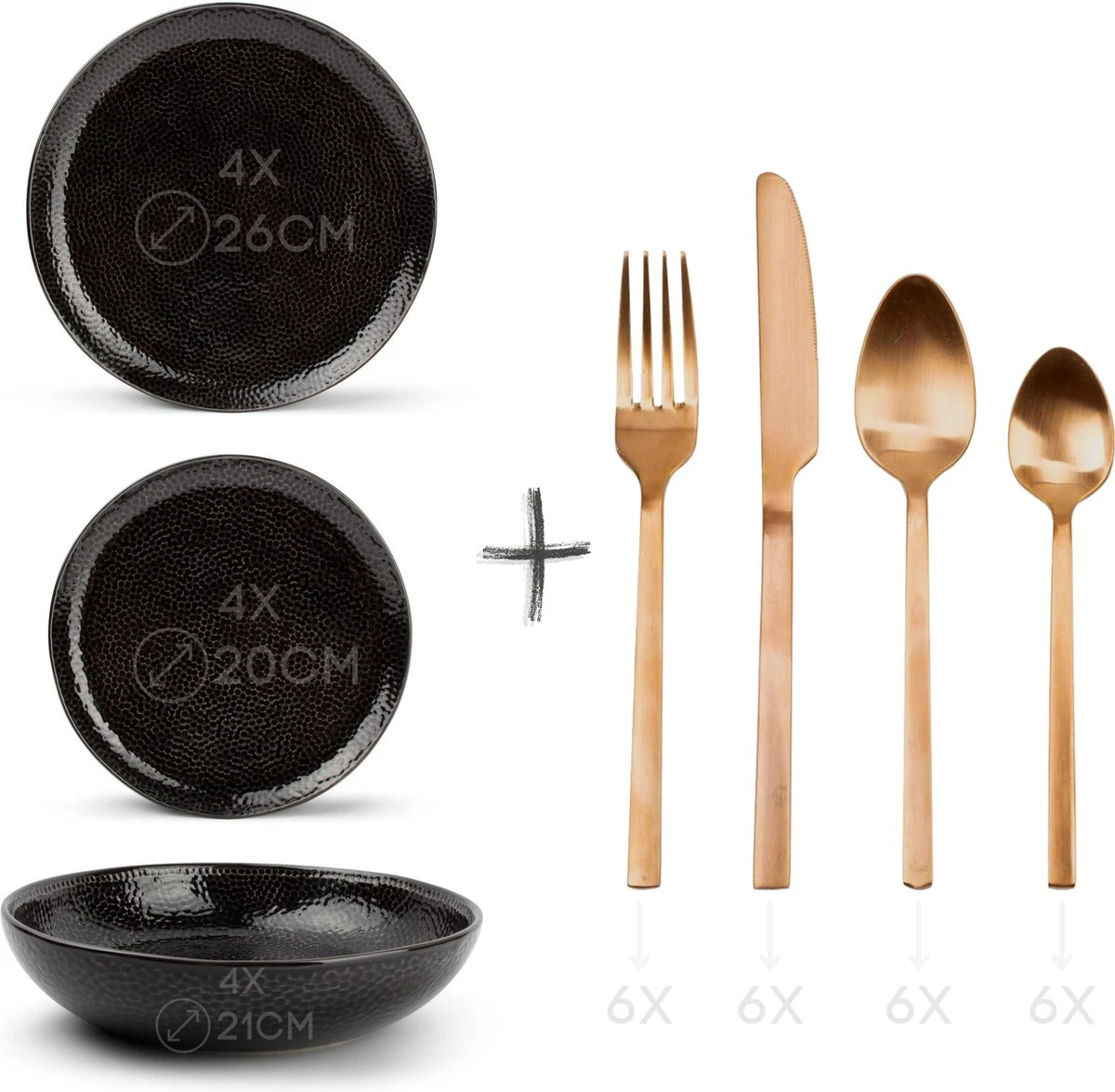 GLAMOMAX'S Choice - Serviesset Black Mielo - Inclusief Koperkleurig Bestekset - 4 Persoons - Aardewerk - Zwarte Borden - Dinerborden - Bordenset 3 GLAMOMAX'S Choice - Serviesset Black Mielo - Inclusief Koperkleurig Bestekset - 4 Persoons - Aardewerk - Zwarte Borden - Dinerborden - Bordenset