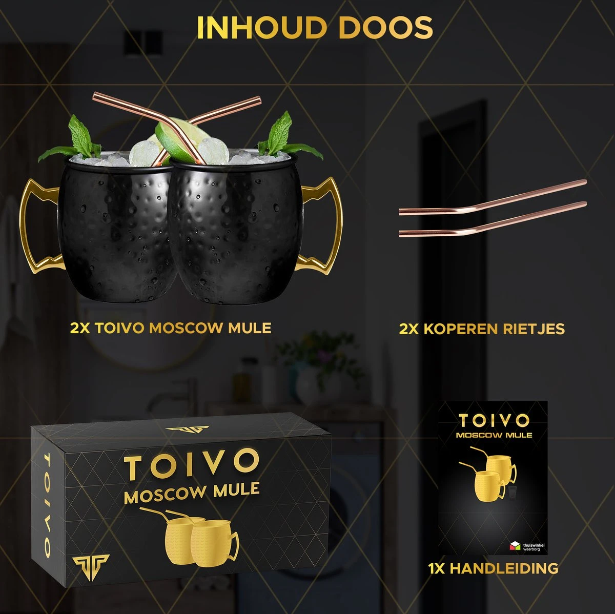 Toivo Moscow Mule Bekers Deluxe 2 Stuks - Zwart - Inclusief RVS Rietjes - 500 Ml - Cocktailglas - Bekers 10 Toivo Moscow Mule Bekers Deluxe 2 Stuks - Zwart - Inclusief RVS Rietjes - 500 Ml - Cocktailglas - Bekers - Afbeelding 8