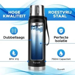 TravelR Thermosfles - Thermoskan - Drinkfles - Isoleerfles - BPA Vrij - Roestvrij Staal - 750 ML - Mat Zwart -Keukenbenodigdheden 1200x1200 120