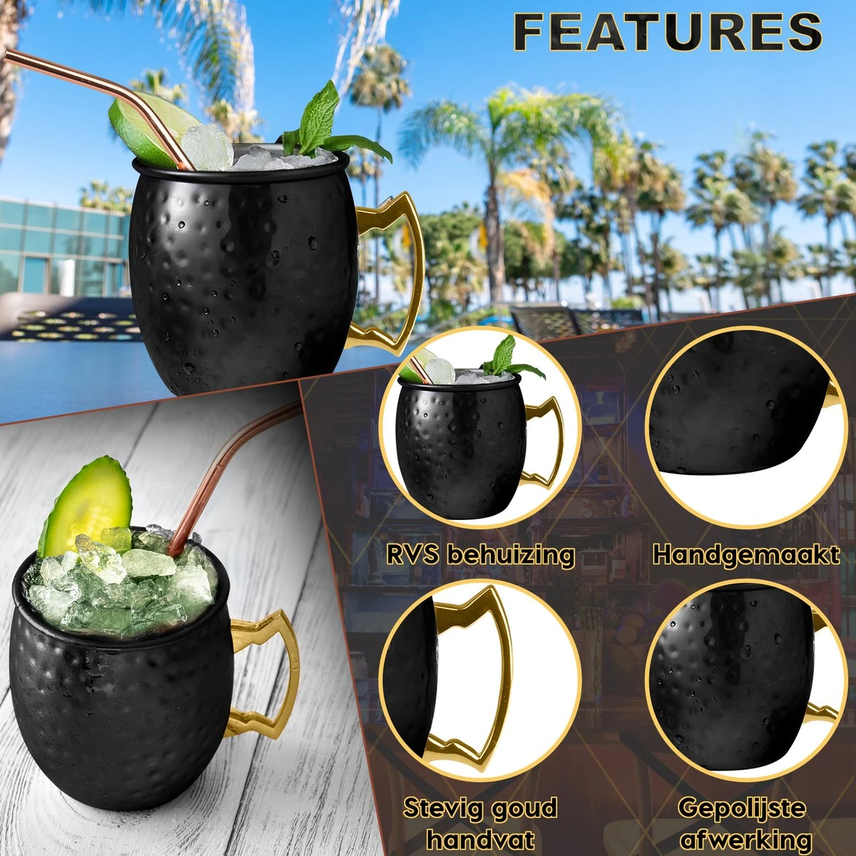 Toivo Moscow Mule Bekers Deluxe 2 Stuks - Zwart - Inclusief RVS Rietjes - 500 Ml - Cocktailglas - Bekers 5 Toivo Moscow Mule Bekers Deluxe 2 Stuks - Zwart - Inclusief RVS Rietjes - 500 Ml - Cocktailglas - Bekers - Afbeelding 3