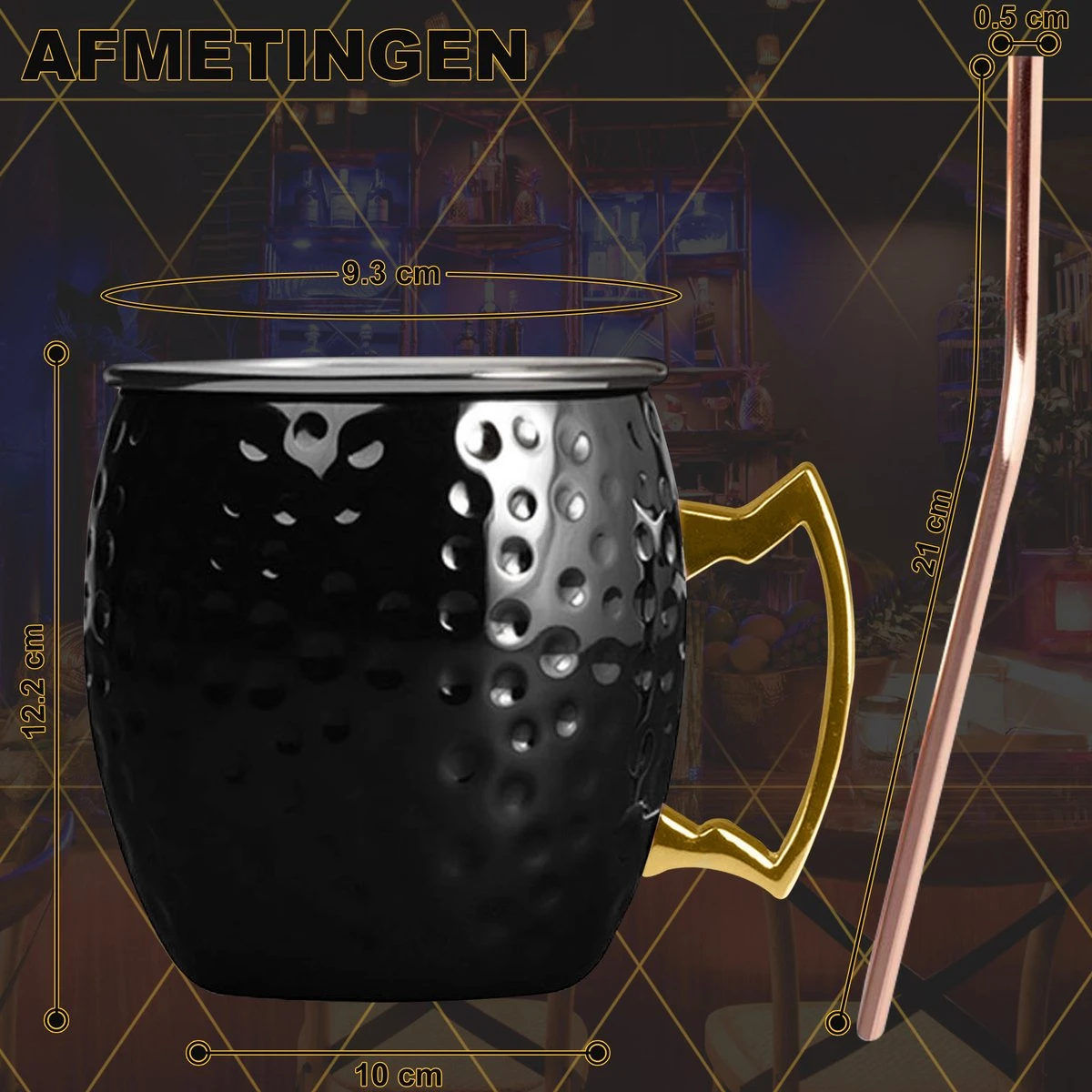 Toivo Moscow Mule Bekers Deluxe 2 Stuks - Zwart - Inclusief RVS Rietjes - 500 Ml - Cocktailglas - Bekers 9 Toivo Moscow Mule Bekers Deluxe 2 Stuks - Zwart - Inclusief RVS Rietjes - 500 Ml - Cocktailglas - Bekers - Afbeelding 7