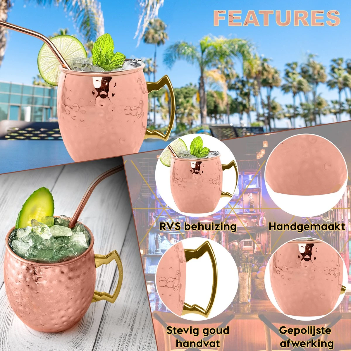 Toivo Moscow Mule Bekers Deluxe 2 Stuks - Brons - 500 Ml - Inclusief RVS Rietjes - Cocktailglas - Bekers 4 Toivo Moscow Mule Bekers Deluxe 2 Stuks - Brons - 500 Ml - Inclusief RVS Rietjes - Cocktailglas - Bekers - Afbeelding 2