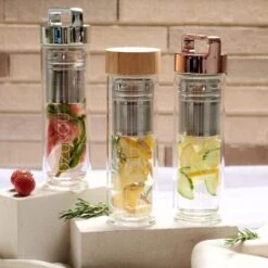 Dzukou - Theeglas Met Filter - Waterfles Met Fruit Filter - Thermosfles Met Rosé Gouden Dop - 425 Ml Dubbelwandig Glazen Waterfles - Theefles - Duurzame En Milieuvriendelijke Theebeker Voor Onderweg – Luchtdicht En Lekvrij -Keukenbenodigdheden 1200x1200 1898