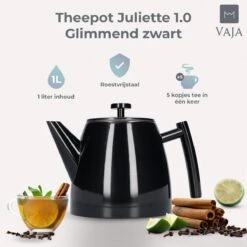 Vaja® Theepot Juliette Met Filter - Dubbelwandig -Theekan 1.0L - Glimmend Zwart -Keukenbenodigdheden 1200x1200 376