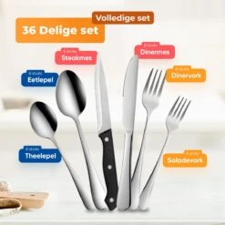 Strex Bestekset 6 Persoons - Zilver - 36-delig - Roestvrij Staal - Lepels, Messen, Vorken En Steakmessen - Hoogwaardige Kwaliteit -Keukenbenodigdheden 1200x1200 670