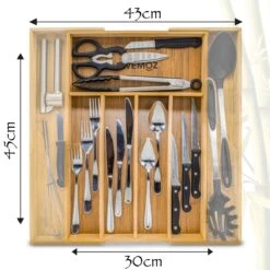 AWEMOZ Bestekbak – Bamboe Besteklade Uitschuifbaar – 5/7 Vakken - Bestekcassette - Bestekhouder Hout - Lade Organizer - Bestek Opbergen - 45 Cm Lang X 30-43 Cm Breed X 4 Cm Hoog -Keukenbenodigdheden 1200x1200 745