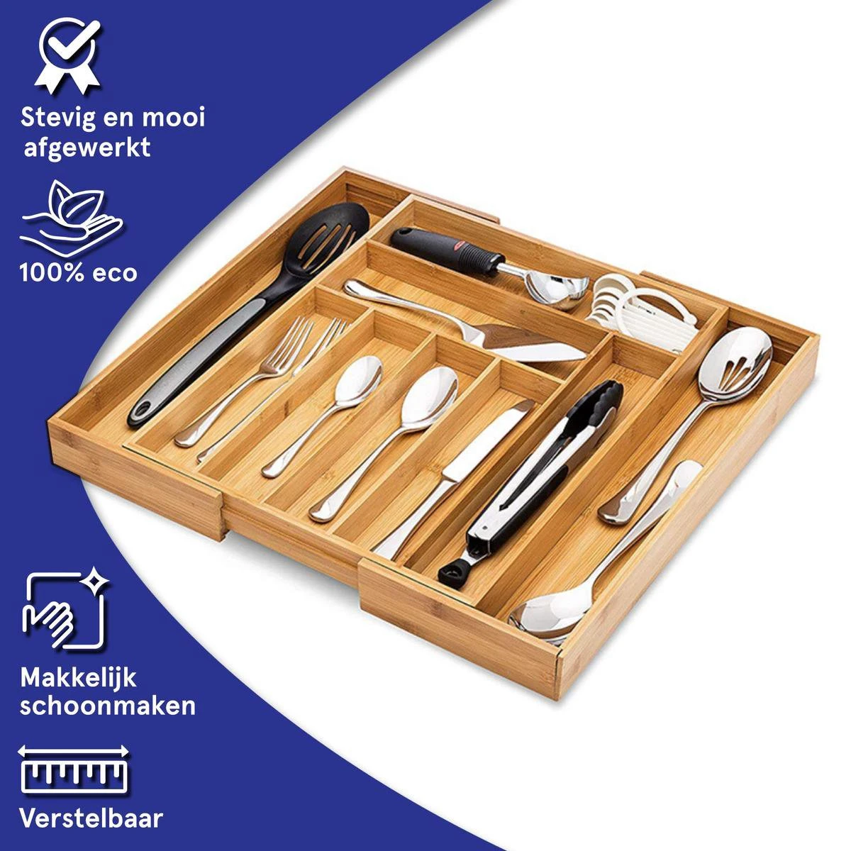 ACAZA Uitschuifbare Bestekbak In Bamboe Hout, Besteklade Met 7 Tot 9 Vakken, Ladeverdeler, Opbergbak, Bestekcassette, Verstelbaar 4 ACAZA Uitschuifbare Bestekbak In Bamboe Hout, Besteklade Met 7 Tot 9 Vakken, Ladeverdeler, Opbergbak, Bestekcassette, Verstelbaar - Afbeelding 2