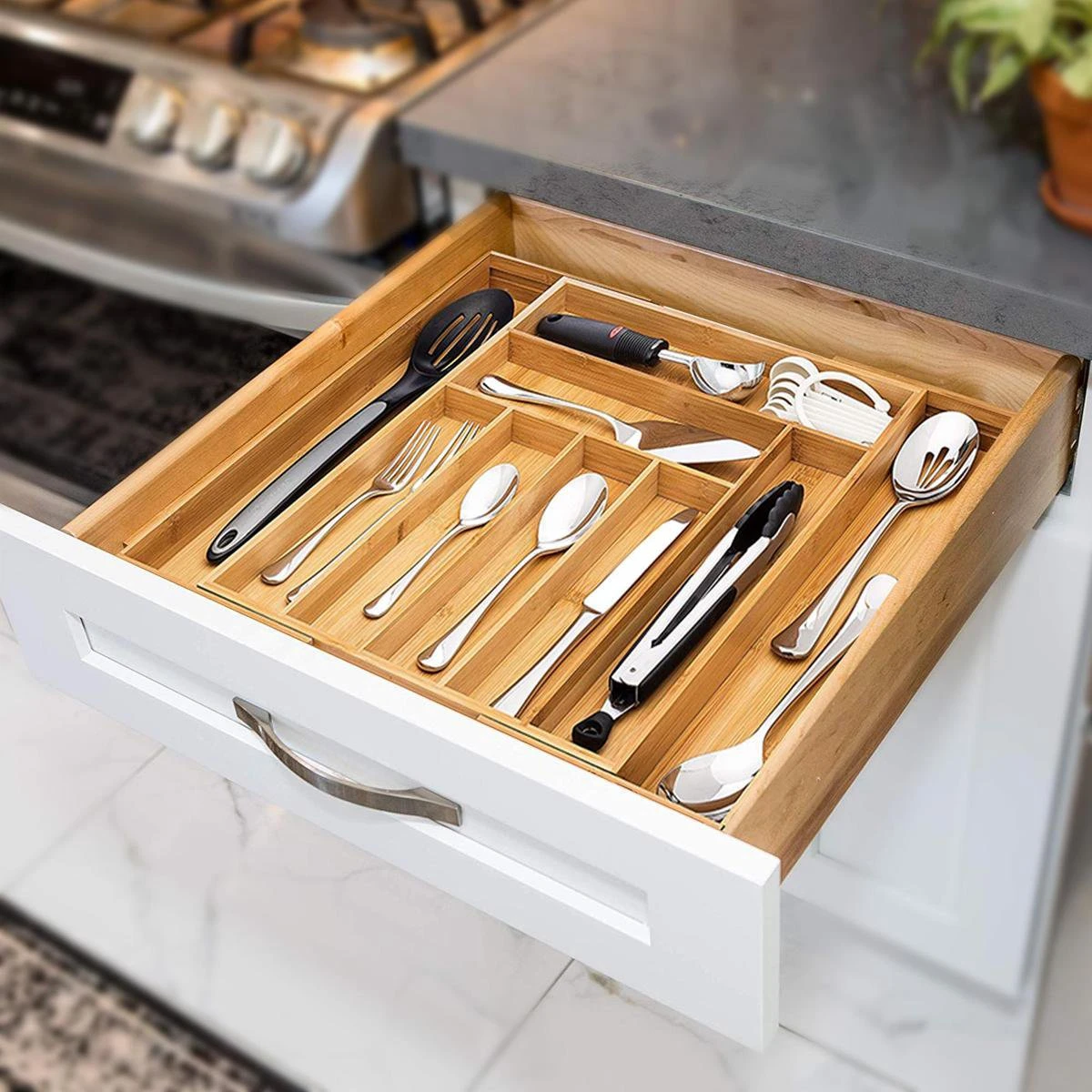 ACAZA Uitschuifbare Bestekbak In Bamboe Hout, Besteklade Met 7 Tot 9 Vakken, Ladeverdeler, Opbergbak, Bestekcassette, Verstelbaar 6 ACAZA Uitschuifbare Bestekbak In Bamboe Hout, Besteklade Met 7 Tot 9 Vakken, Ladeverdeler, Opbergbak, Bestekcassette, Verstelbaar - Afbeelding 4