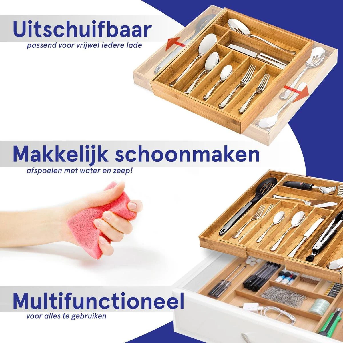 ACAZA Uitschuifbare Bestekbak In Bamboe Hout, Besteklade Met 7 Tot 9 Vakken, Ladeverdeler, Opbergbak, Bestekcassette, Verstelbaar 11 ACAZA Uitschuifbare Bestekbak In Bamboe Hout, Besteklade Met 7 Tot 9 Vakken, Ladeverdeler, Opbergbak, Bestekcassette, Verstelbaar - Afbeelding 9