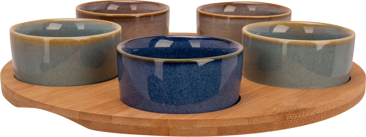 Cosy & Trendy Serveerplank Bamboe Dia 25 Cm Met 5x Luxe Hapjes/saus/tapas Schaaltjes 3 Cosy & Trendy Serveerplank Bamboe Dia 25 Cm Met 5x Luxe Hapjes/saus/tapas Schaaltjes