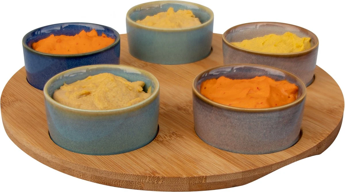 Cosy & Trendy Serveerplank Bamboe Dia 25 Cm Met 5x Luxe Hapjes/saus/tapas Schaaltjes 4 Cosy & Trendy Serveerplank Bamboe Dia 25 Cm Met 5x Luxe Hapjes/saus/tapas Schaaltjes - Afbeelding 2