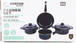 Benson Pannenset 6 Delig - Carbon Staal 0,8 Mm Met Glazen Deksels -Keukenbenodigdheden 1200x691