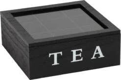Merkloos Theekist - Zwart - Hout 9-Vaks - Glazen Deksel - Theedoos -Keukenbenodigdheden 1200x792 9