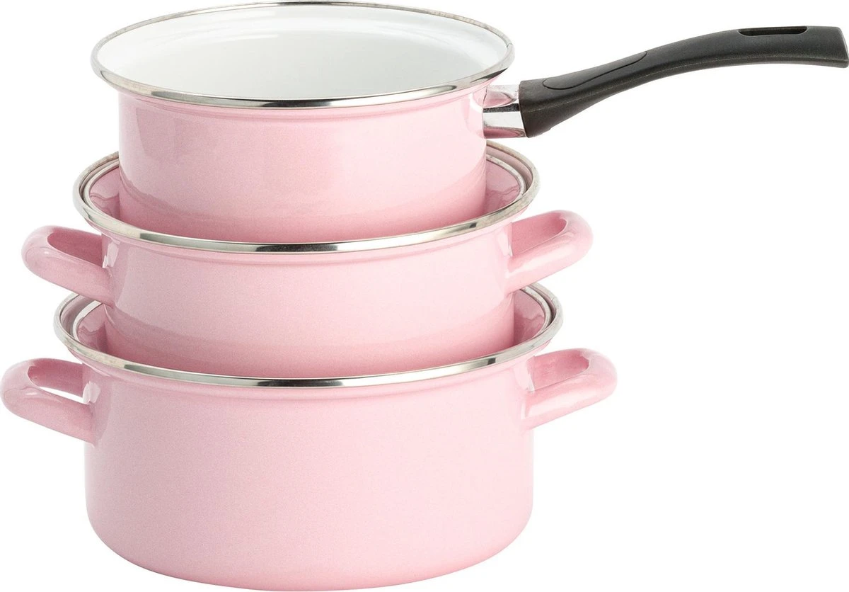 Lite-Body Pannenset - 3-delig - 2 Kookpannen & 1 Steelpan - Emaille - Serafijn Roze 6 Lite-Body Pannenset - 3-delig - 2 Kookpannen & 1 Steelpan - Emaille - Serafijn Roze - Afbeelding 4