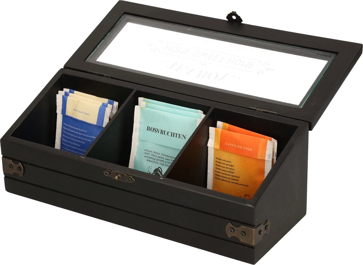 Excellent Houseware Houten Theedoos/theekist Met 3 Vakken - 24 X 9 X 9 Cm - Antraciet - Theedozen 6 Excellent Houseware Houten Theedoos/theekist Met 3 Vakken - 24 X 9 X 9 Cm - Antraciet - Theedozen - Afbeelding 4
