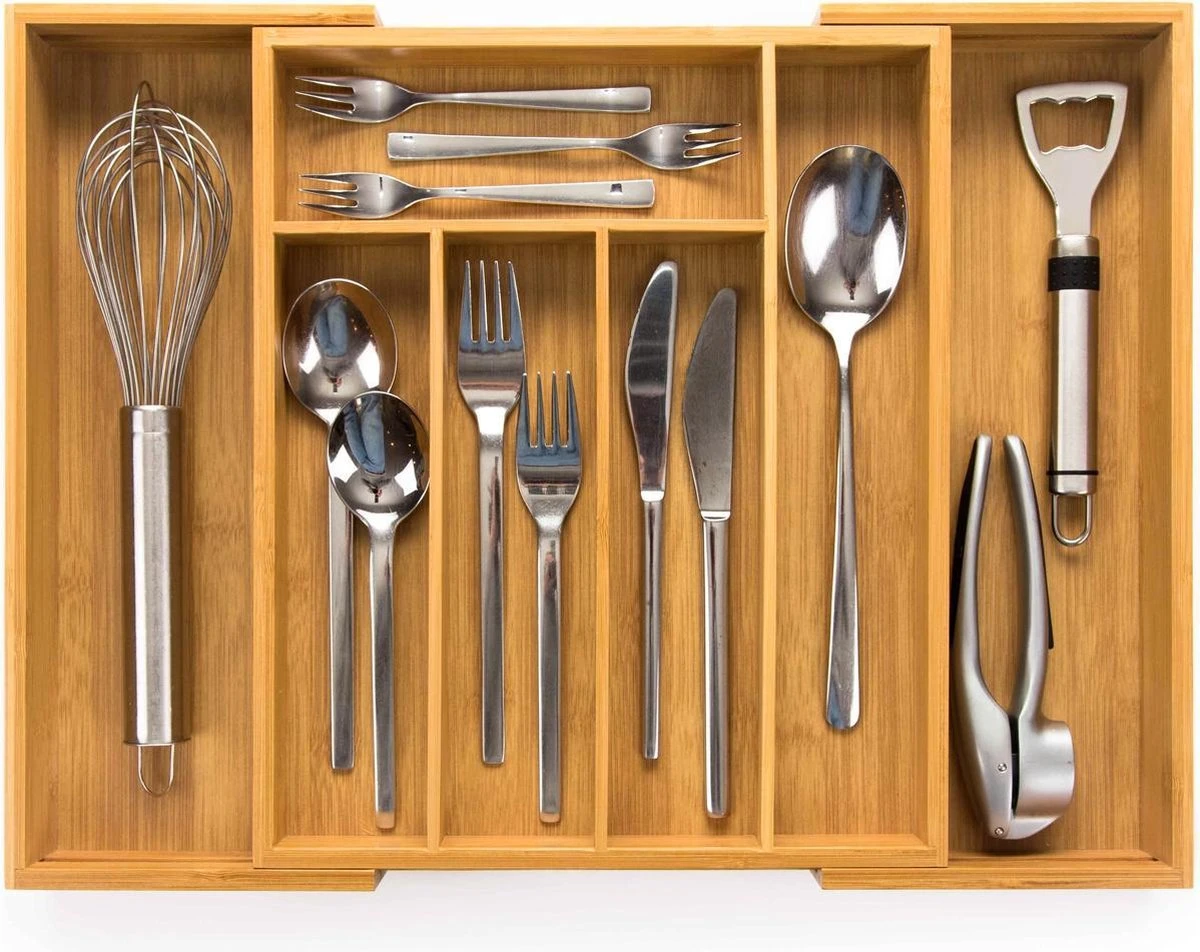 Budu Uitschuifbare Bamboe Bestekbak #33,5 (33,5 Cm Diep) - Bestekcassette Hout - Besteklade - 33,5 X 28 - 45 Cm - 5/7 Vakken 3 Budu Uitschuifbare Bamboe Bestekbak #33,5 (33,5 Cm Diep) - Bestekcassette Hout - Besteklade - 33,5 X 28 - 45 Cm - 5/7 Vakken