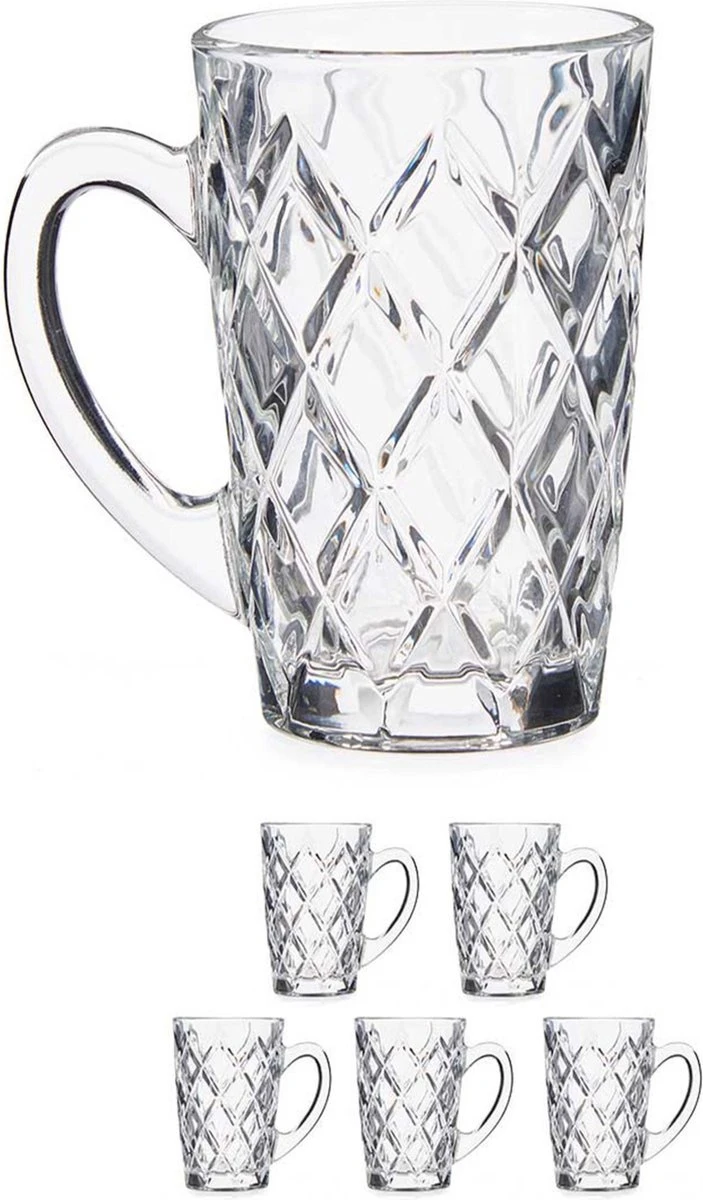 Set Van 6x Stuks Luxe Koffieglazen 170 Ml Met Oor - Type Diamant - Transparant Stevig Kwaliteitsglas 3 Set Van 6x Stuks Luxe Koffieglazen 170 Ml Met Oor - Type Diamant - Transparant Stevig Kwaliteitsglas