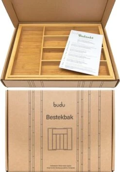 Budu Uitschuifbare Bamboe Bestekbak #38 (38 Cm Diep) - Bestekcassette Hout - Besteklade - 38 X 29,5 - 47,8 Cm - 5/7 Vakken -Keukenbenodigdheden 838x1200 2